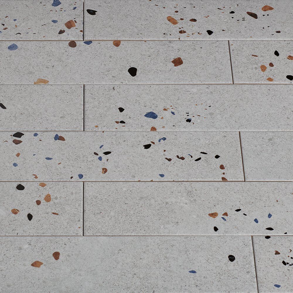 1542 Terrazo Mat Grijs 34782 Dateg Wandtegel Terrazzo Mat Grijs 7,5x30 Inhoud doos 0,5m2