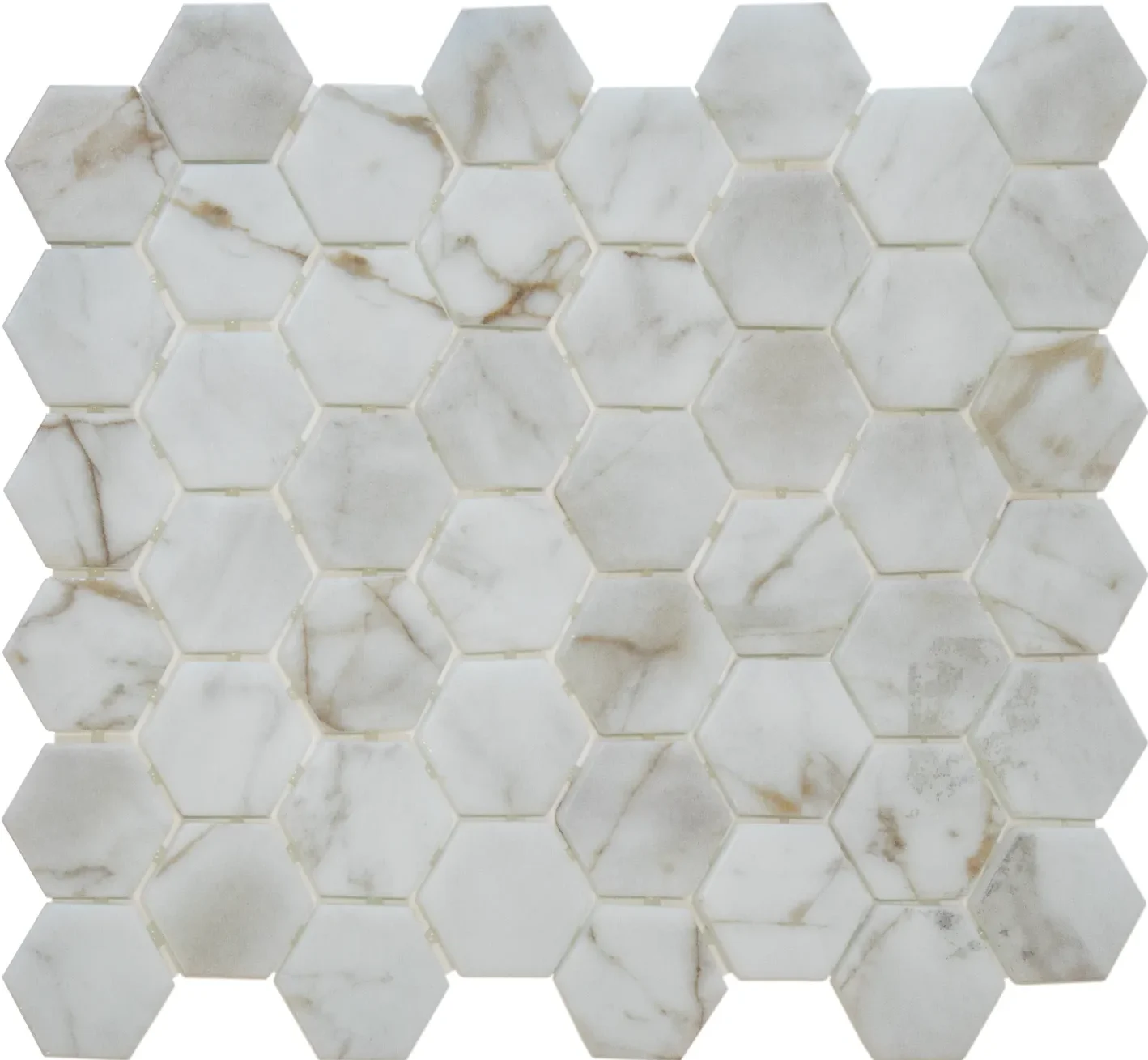 White marble tiles in hexagon shape, printed on recycled glass